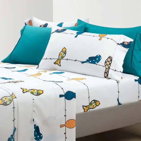 Birds on Wire Print 6 Piece Bedding Sheet Set Soft Polyester Flat and Fitted Sheets, Pillowcases {1}