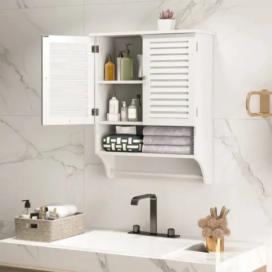 Wall-Mounted Bathroom Medicine Cabinet with Louver Doors and Towel Bar White {2}