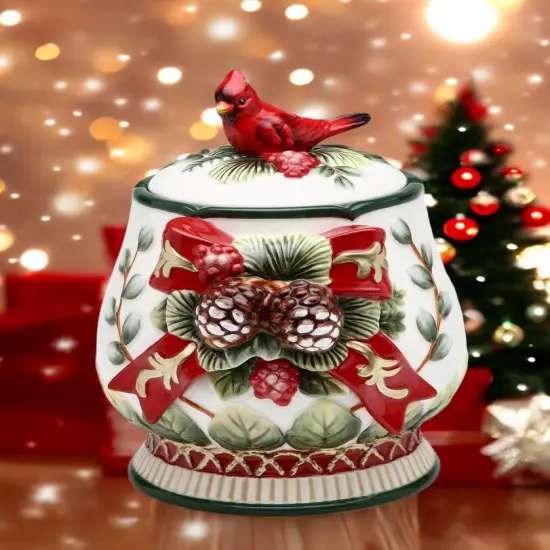 Ceramic Christmas Candy Jar with Cardinal Bird, Christmas Decor {1}