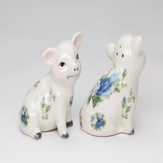 Ceramic Victorian Pig With Blue Rose Pattern Salt And Pepper Shakers, Farm Country House Decor, Gift for Mom {4}