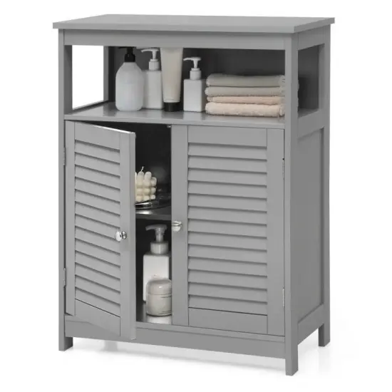 Bathroom Floor Cabinet with Louvered Doors and Open Shelf, Adjustable Storage Organizer Grey {1}
