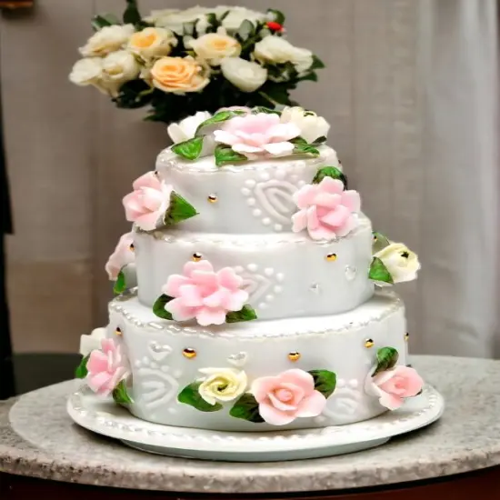 Ceramic Wedding Cake with Rose Flowers Jewelry Box, Wedding D&eacute;cor or Gift, Anniversary D&eacute;cor or Gift, Home D&eacute;cor, Vanity Decor {1}