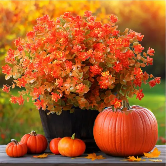 8 Bundles Artificial Fall Flowers Mums - Orange {1}