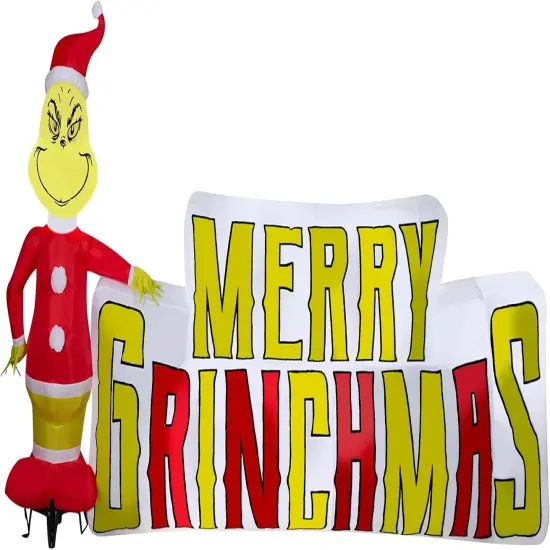 9' Gemmy Airblown Inflatable Christmas Dr. Seuss Grinch w/ Merry Christmas Sign Yard Decoration 882683 {1}