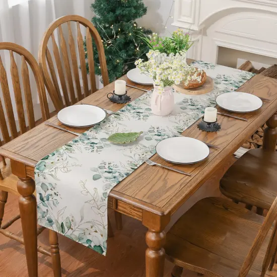 Spring Summer Table Runner, Spring Summer Decorations Off White Eucalyptus Leaves Green Table Runner Seasonal Summer Decor for Home Holiday Party Decor Dining Table Decoration (13" x 72") {4}