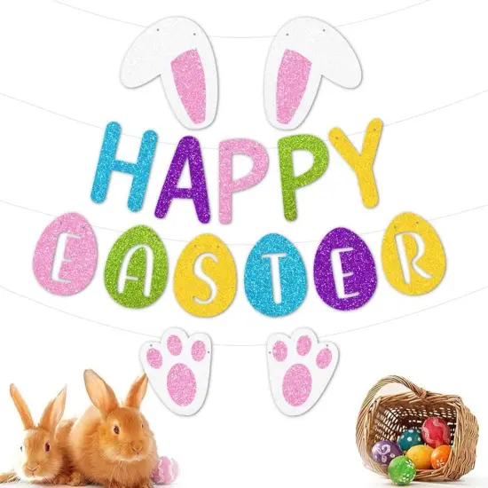 Happy Easter Banner Felt Garland Easter Decorations Egg Themed Party Decor for Home Office Mantle Fireplace Classroom Wall Tree {3}