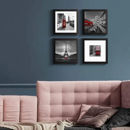 8x8 Picture Frames Black Solid Wood Display Pictures 6x6 or 4x4 with Mat or 8x8 without Mat - 8x8 Inch Square Photo Frames with 2 Mats Multi Photo Frames Collage for Wall or Tabletop Mount, Set of 4 {4}