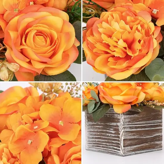 Artificial Flower Arrangement, 8'' Orange Roses Peonies Hydrangeas in Wooden Planter, Rustic Fake Flowers in Pot for Home Decor Living Room - 1PC {2}