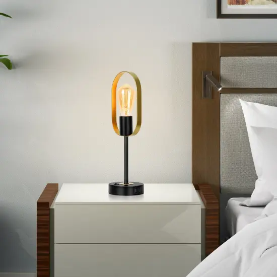 Modern Oval Ring Table Lamp Unique Desk Light with 2 USB Ports & AC Outlet for Bedroom, Office, or Living Room {4}