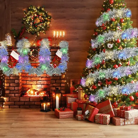 33FT Prelit Christmas Tinsel Garland Silver Metallic Twist Tinsel Garland with LED Lights Battery Operated Hanging Garland Decoration for Christmas Tree Stairs Mantle Decoration {5}
