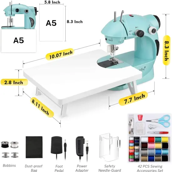 Mini Sewing Machine with Extension Table, Dual Speed Portable Sewing Machine for Beginners with Light, Sewing Kit for Household Use, Blue {2}