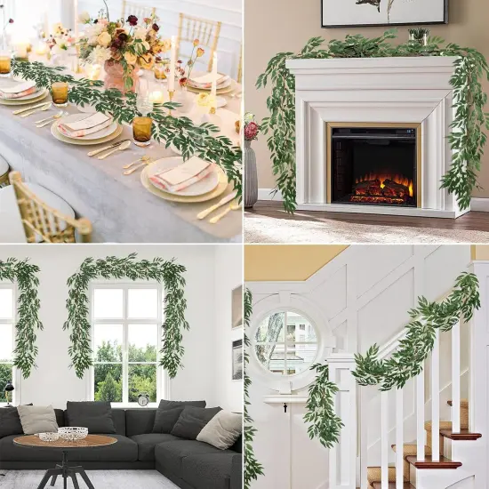 Artificial Willow Leaves Vine Twigs 2Pcs 5.7Ft Fake Hanging Ivy Plants Silk Green Leaf Rattan Garland Greenery Decor for Indoor Outdoor Home Wedding Arch Jungle Beach Birthday Party Garden {4}