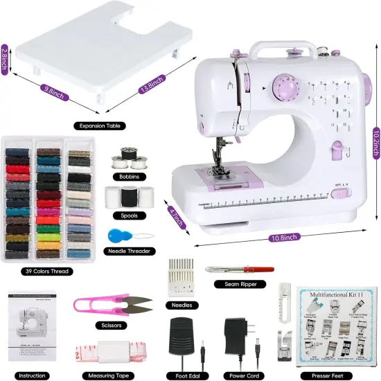 Sewing Machine for Beginners, Mini Sewing Machine Built-in 12 Stitches, 13 Replaceable Presser Feet, Extension Table, Light, Reverse Sewing, 2 Speed Foot Pedal, Portable Sewing Kit {5}