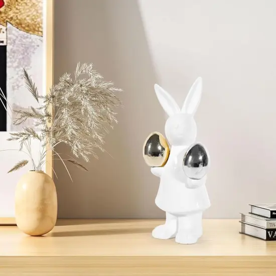 Ceramic Bunny Easter Decor,Table Rabbit Easter Decorations,Spring Bunnies Decoration Statue Figurine for Home Farmhouse(Gold and Silver Eggs-Big) {5}