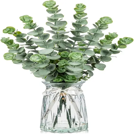 Artificial Eucalyptus Stems in Glass Vase with Faux Water, 20.4" Fake Plant Eucalyptus Leaves Faux Greenery Eucalyptus Branches for Home Office Farmhouse Bathroom Wedding Centerpiece Decor {1}