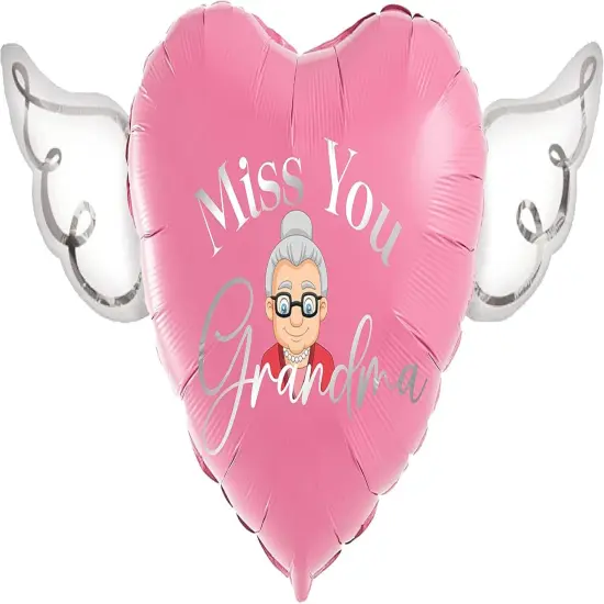 Miss You Grandma Heavenly Balloons heart shaped with angel wings (Pink) {1}