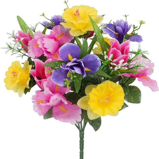 14 Stems Fake Silk Flowers Bouquet Artificial Daffodils with Tulips Flowers {1}