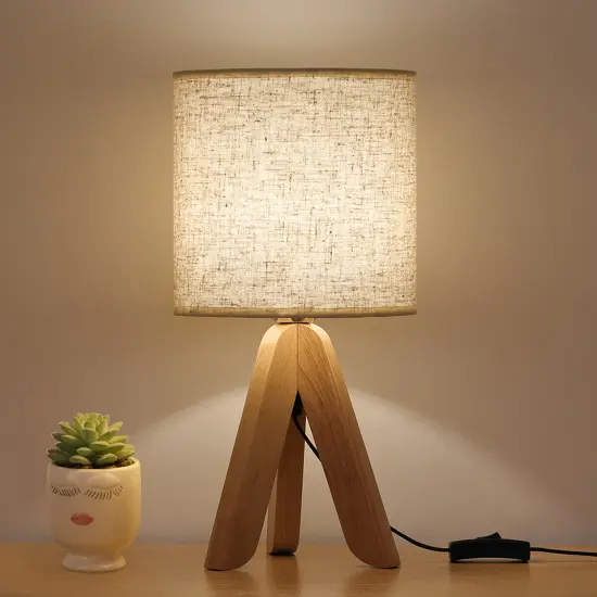 Small Bedside Table Lamp Wooden Tripod Nightstand Lamp with Fabric Linen Shade {6}