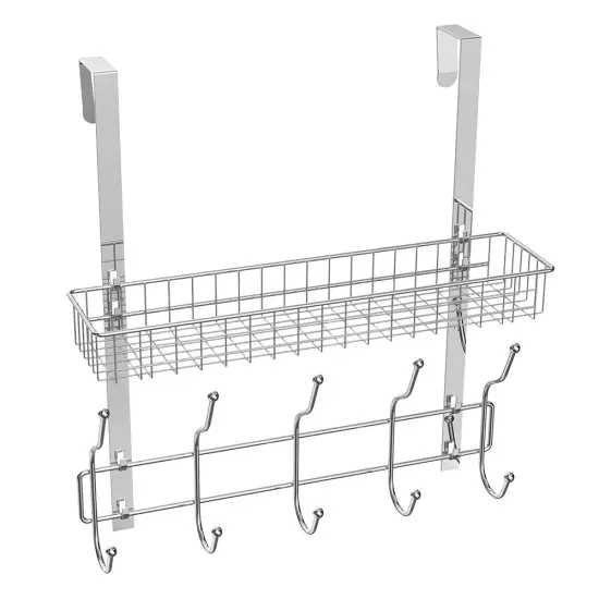 Over The Door Shelf Organizer Storage Basket Rack with 5 Hooks for Coats, Towels, and Accessories {1}