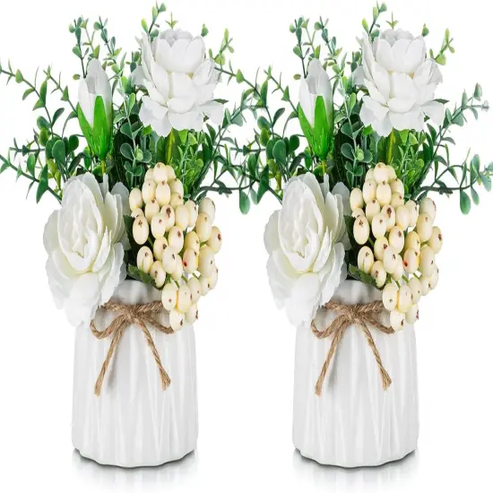 Table Decor Artificial Flowers Vase Small Fake Flower White Arrangement 2pcs Floral Arrangement for Tables centerpieces Kitchen Dining Room Decorations Faux Flower in Vase Silk Roses {1}
