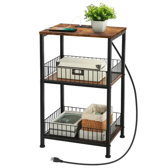 Industrial End Table with Storage Shelf & Charging Station Lockable Wheels, Sturdy Wood & Iron Mesh Nightstand for Bedroom, Living Room, or Office {4}