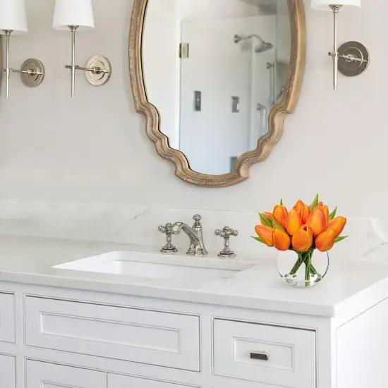 Artificial Orange Tulips in Vase with Faux Water 6" Real Touch Flowers Fake Tulips Small Flowers Arrangement in Round Glass Vase for Mother's Day Table Centerpiece Wedding Home Decor {4}