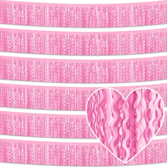 6 Pack 10 Feet Macaron Pink Wave Foil Fringe Garland Metallic Tinsel Streamers Banner Wall Hanging Curtain Backdrop for Parade Floats, Mother's Day, Easter, Wedding, Birthday Party Decoration {1}