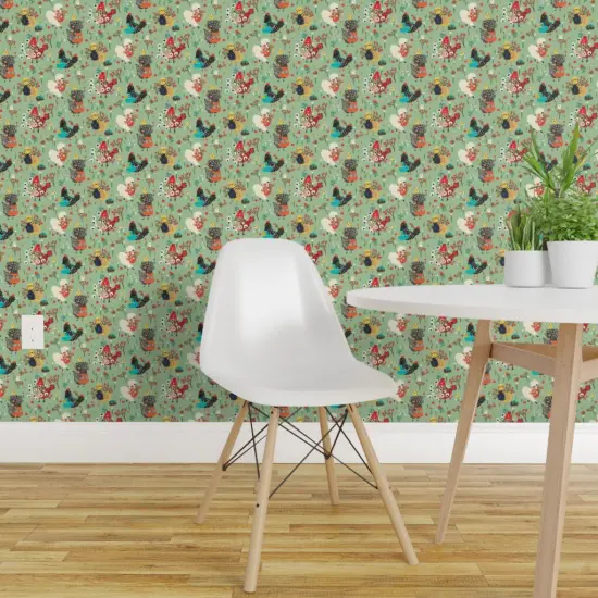 Peel & Stick Wallpaper 2FT Wide Green Chickens Flowers Birds Animals Tulips Kitchen Eggs Chicks Florals Poultry Aprons Custom Removable Wallpaper by Spoonflower {1}