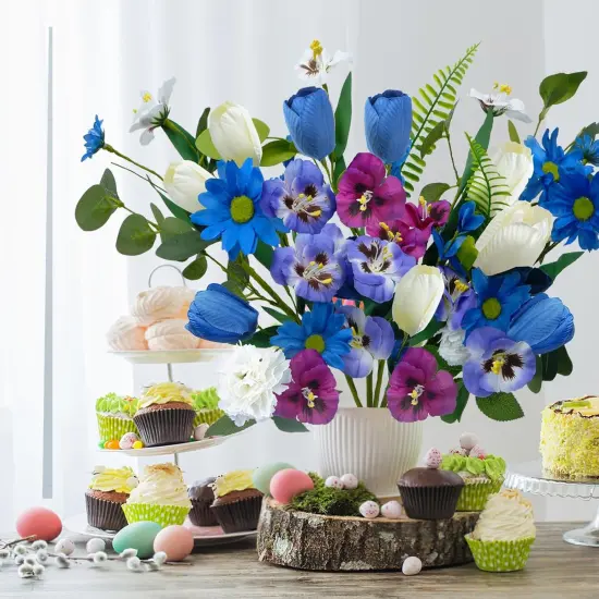 6 Pcs Spring Flower Bouquet Fake Tulips Wildflower Pansy Artificial Flowers {4}