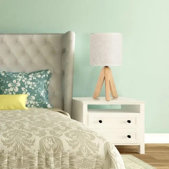 Small Bedside Table Lamp Wooden Tripod Nightstand Lamp with Fabric Linen Shade {5}