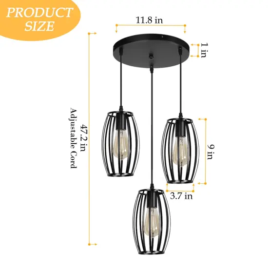 Pendant Hanging Lighting 3 Lights, Industrial Hanging Light Fixtures Chandelier Black Metal Lampshade {8}