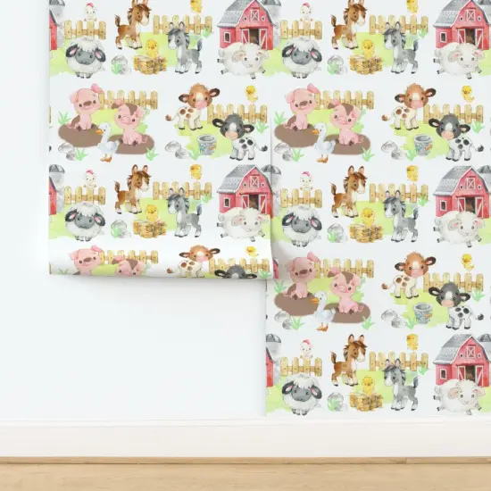 Pre-Pasted Wallpaper 2FT Wide Farm Animals Baby Barnyard Watercolor Custom Pre-pasted Wallpaper by Spoonflower {2}