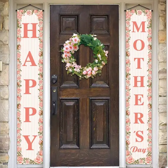 Happy Mother's Day Porch Banner I Love Mom Pink Rose Floral Holiday Party Front Door Sign Wall Hanging Banner Decoration {1}