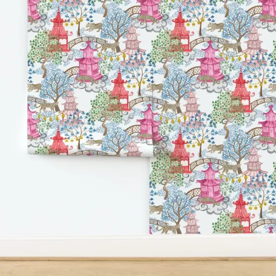 Pre-Pasted Wallpaper 2FT Wide Chinoiserie Pagoda Leopards Bright Whimsical Maximalist Kids Room Custom Pre-pasted Wallpaper by Spoonflower {2}