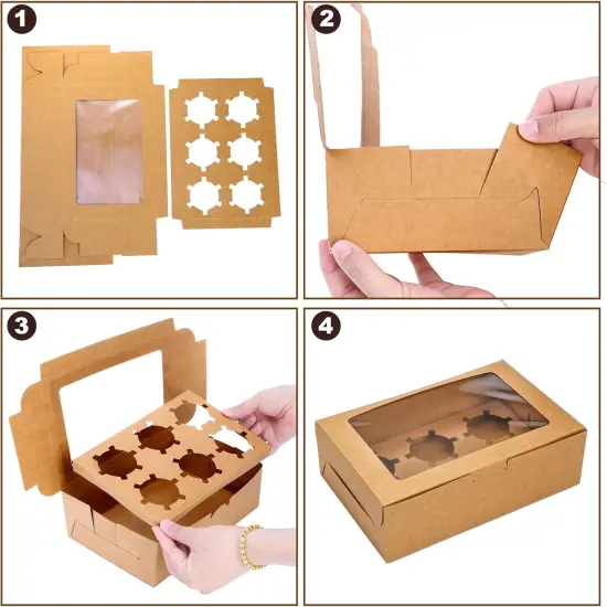 50 Pack Kraft Cupcake Box with Insert and Window Hold 6 Standard Cupcake, Food Grade Cupcake Carrier Container, Brown Bakery Box for Pastry, Cookies, Small Cake, Desserts Treat. {5}