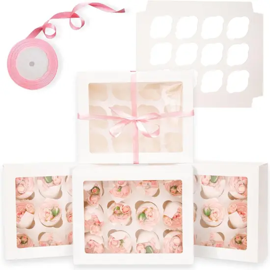 12 Cupcake Containers 20-Packs White Cupcake Box Cupcakes Carrier, 12 Cupcake Boxes with Window 13"x10"x3.5"（Auto-pop up） {1}
