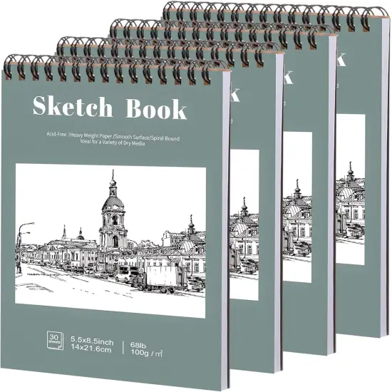 4 Pack Sketch Book, 5.5 x 8.5 Inch Sketchbook, 68lb/100gsm Top Spiral Bound Sketch Pad, Acid Free Art Supplies Drawing Painting Sketching Paper for Kids, Adults, Beginners, Artists (30 Sheets Each) {1}