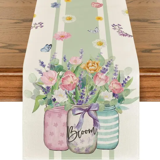 Vase Bloom Tulip Lavender Summer Table Runner, Seasonal Spring Kitchen Dining Table Decoration for Home Party Decor 13x72 Inch {1}