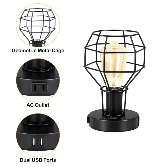 2PCS Industrial Steampunk Table Lamp Vintage Cage Bedside Light with Dual USB Ports & AC Outlet UL-Certified, Portable Nightstand Lamp for Small Spaces {4}