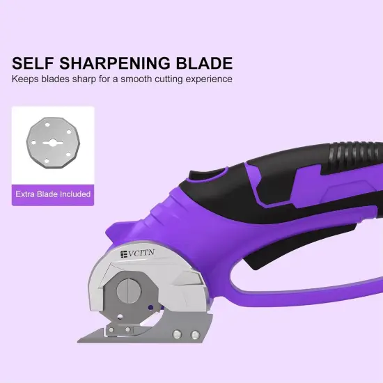 Cordless Electric Scissors, Cardboard Cutter with Replacement Self-Sharpening Cutter Blade and Safety Lock, Rotary Cutter with LED Light for Fabric, Carpet, Leather or Plastic, Purple {2}