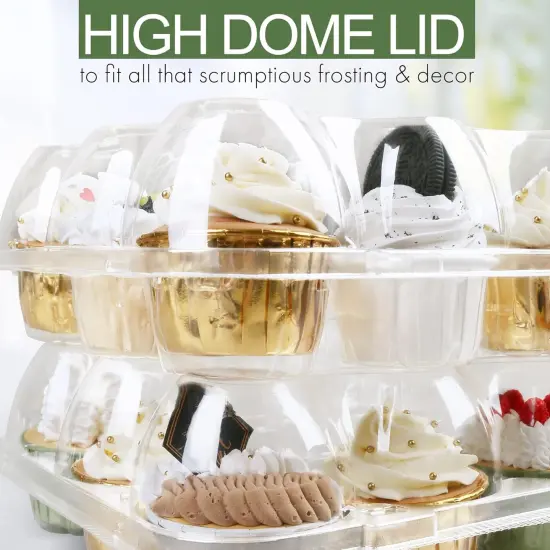 Cupcake Containers 12 Count, 12 Sets, Plastic Dozen Cupcake Boxes, Disposable Cupcake Carrier Holder with Detachable Tall Dome Lid, BPA Free, Standard Size {5}