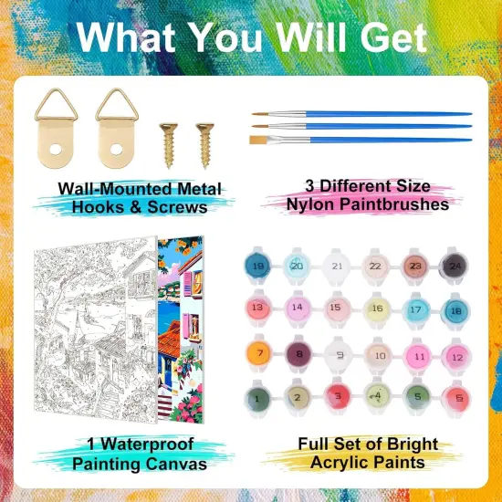 Paint by Numbers for Adults Beginner Seaside Village, Flower Oil Painting Canvas Kits with 3 Pcs Brushes, Easy Number Painting for Adults for Home Wall Art Decor (16x20inch) {5}