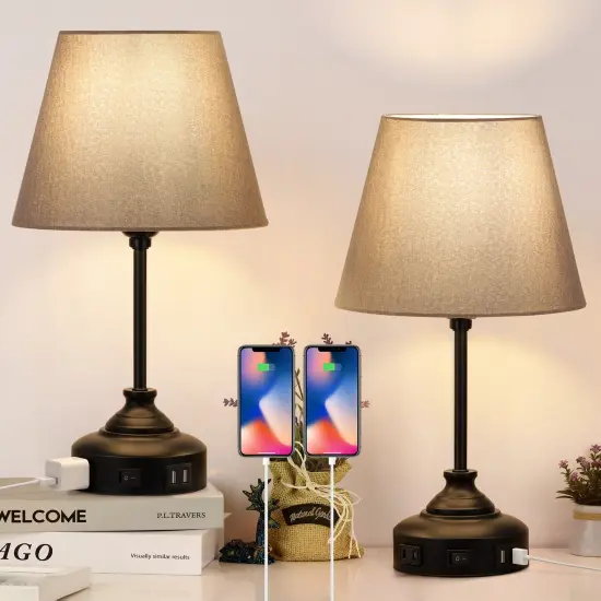 2pcs USB Table Lamps for Nightstand with Grey Lamp Shade Bedroom Nightstand {1}