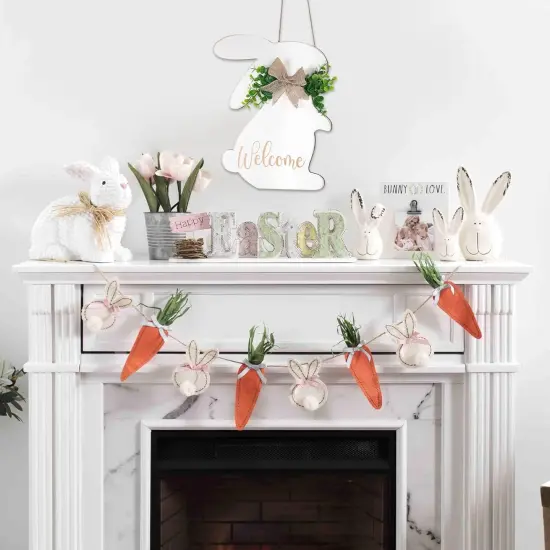 Easter Decorations Door Sign, Wooden Rustic Welcome Easter Front Door Hanger, White Easter Bunny Wreath Hanging For Spring Wall Home Farmhouse Indoor Outdoor Decor (Bunny) {4}