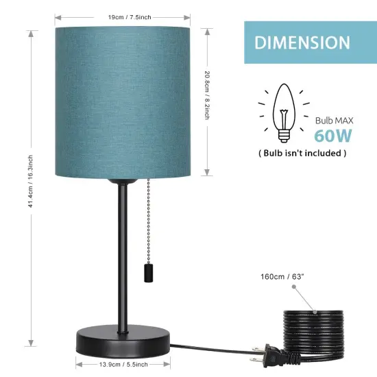 Black Modern Table Lamp, Simple With Blue Fabric Shade, Pull Chain Switch {2}