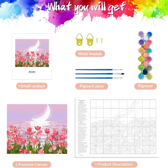 Paint by Numbers Kit for Adults Beginners,Pink Tulips Painting by Numbers,Flowers & Moon Easy Acrylic on Canvas, Suitable for Home Wall Decor and Gifts 20x16inch {5}