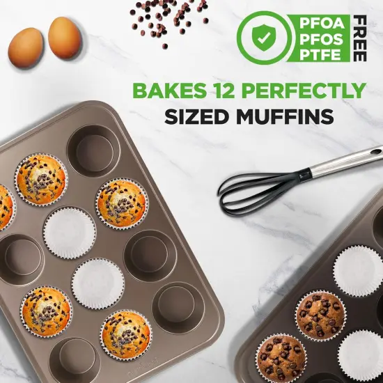 Muffin Pans for Baking, Nonstick 2-Piece Cupcake Tin w/ 12-Cups, Carbon Steel Stackable Cup Cake Tray, Dishwasher Safe - Gold {2}