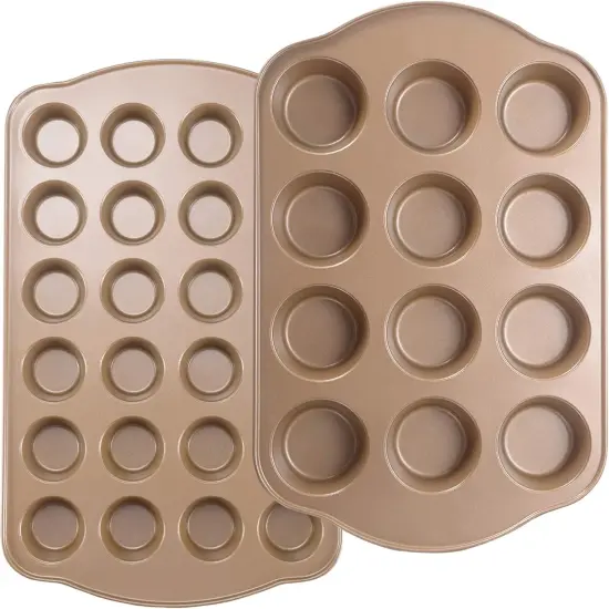 Nonstick Muffin Pan, Mini Cupcake Pan Set, Muffin Tins for Baking, 2 Pack, 12-Cup and 24-Cup, Gold {1}