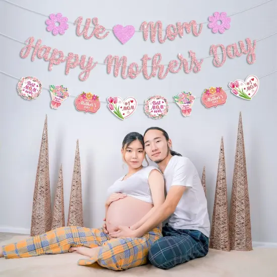 Glittery We Love Mom Happy Mother's Day Banner with Heart Flowers Rose Gold {5}