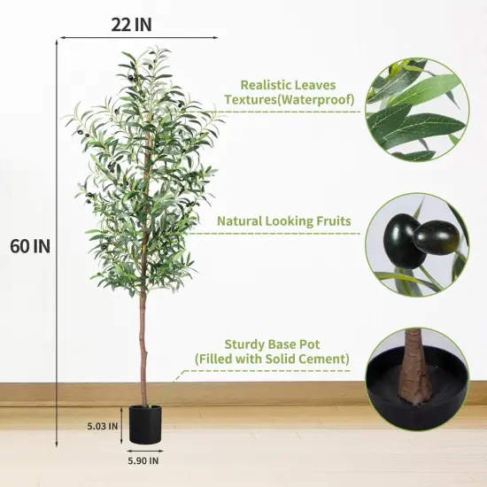 Fake Olive Tree, 5FT Tall Artificial Olive Trees 60in Faux Silk Plant with Trunk and Realistic 536 Leaves and 20 Fruits for Modern Office Home Decor Indoor（1pack） {2}